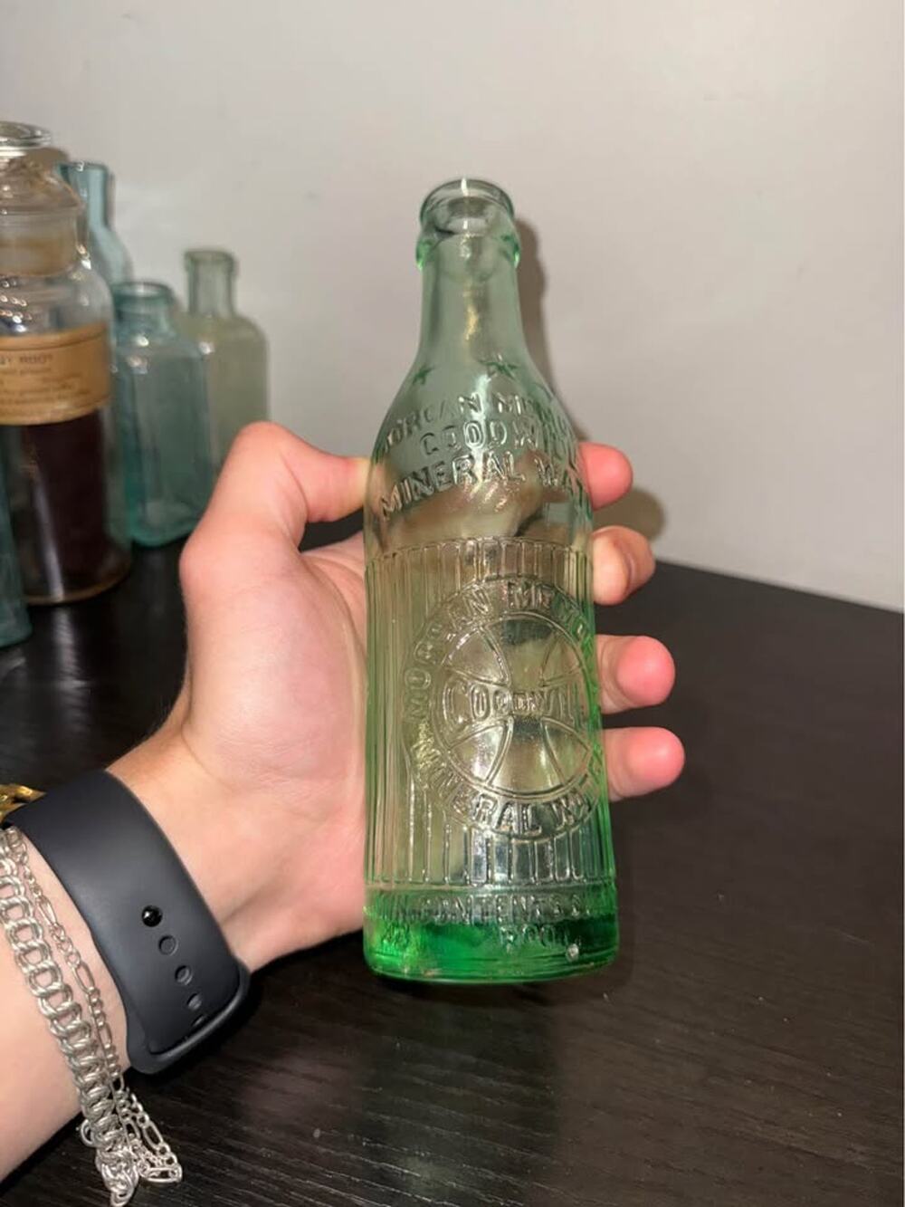 Vintage Chunky Embossed Green Glass Mineral Water Bottle - 'Morgan Memorial'